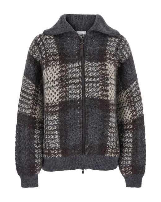 Brunello Cucinelli Gray Knit Bomber Jacket With Front Closure An