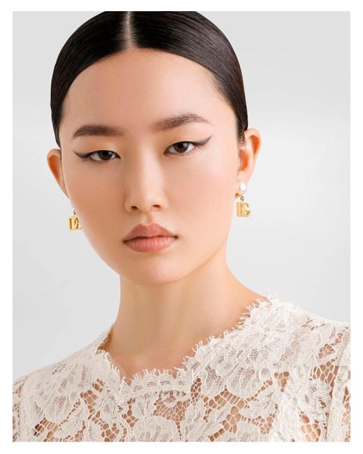 Dolce & Gabbana 'Newton' Metallic Earings With Logo Pendant And Faux-Pearl Embellishments