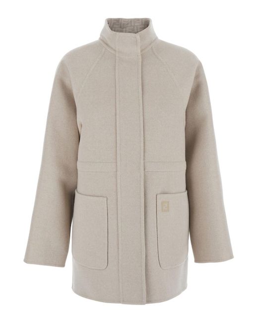 Fendi Natural Jacket With High Neck And Ff Logo On The Front