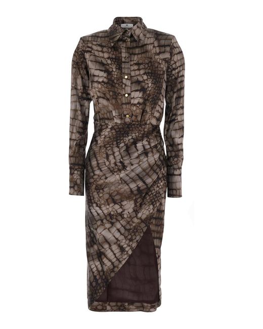 Elisabetta Franchi Brown Long Dress Ab89261E2644 With Classic Collar And All-Over Print