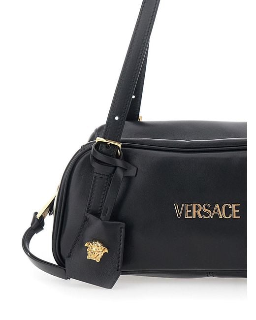 Versace Black 'Tag Bowling' Shoulder Bag With Metallic Logo Lettering And Medusa Head Pendant