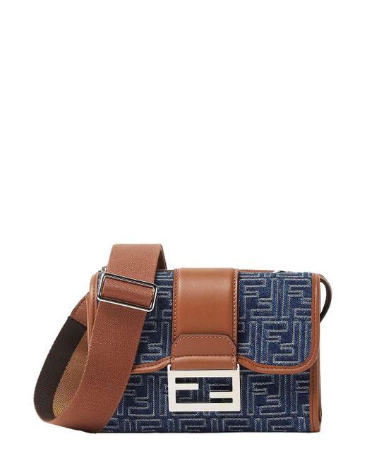 Fendi Blue 'Baguette Double' Crossbody Bag With Magnetic Ff Closure And All-Over Motif for men