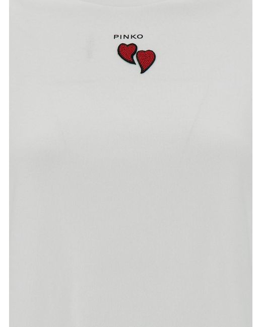 Pinko White Crewneck T-Shirt With Logo And Heart Embroidery