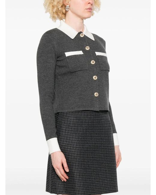 Self-Portrait Blue Cropped Cardigan With Contrasting Classic Collar And Two Front Patch Pockets