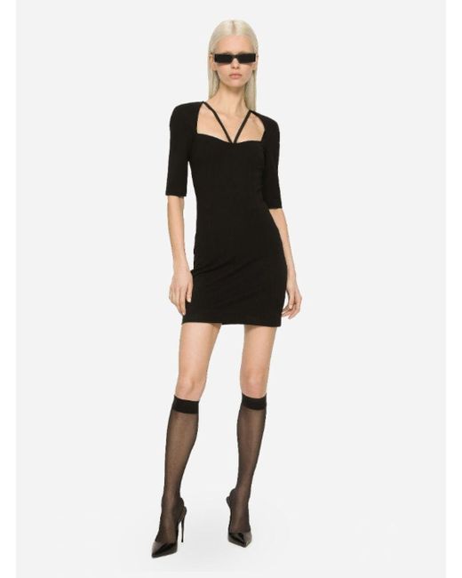 Dolce & Gabbana Black Mini Dress With Short Sleeves And Neckline Detail