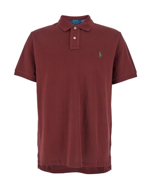 Ralph Lauren Red "Custom Slim Fit" Bordeaux Polo Shirt With Pony Detail On The Front for men