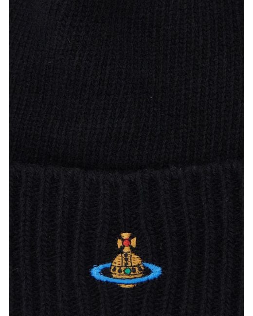 Vivienne Westwood Blue Beanie With Orb Patch On The Front And Ribbed Brim for men