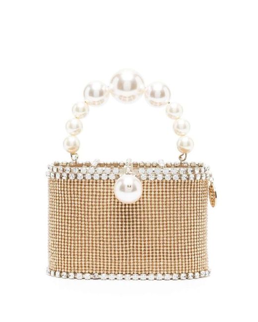 Rosantica White 'holli Luce' Beige Handbag With Pearl Handle And All-over Crystal In Fabric And Brass Woman