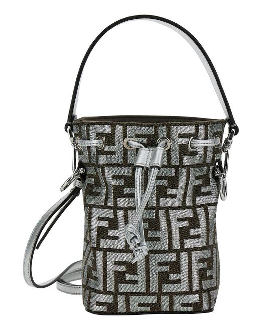 Fendi Black 'mon Tresor' Silver Mini Bucket Bag With Jacquard Ff Motif In Silk And Lurex