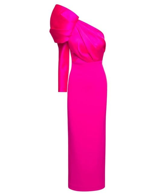 Solace London Pink 'lexi' One Shoulder Long Fuchsia Dress With Oversized Structured Shoulder Woman