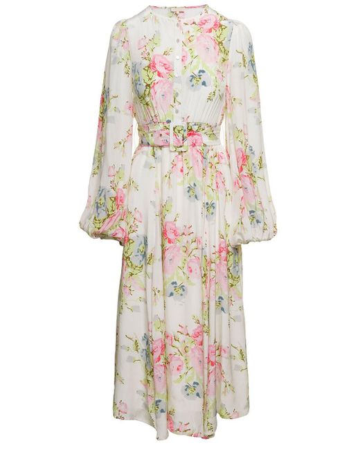 byTiMo White Midi Dress With All-over Floreal Print In Viscose Woman