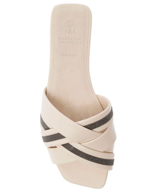 Brunello Cucinelli White Sandals With Crossover Strap And Monile