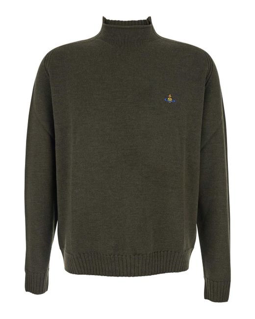 Vivienne Westwood Green Crew Neck Sweater With Orb Logo Embroidered On The Front for men