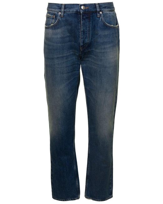 Burberry Blue 'harison' E Five-pocket Straight Jeans With Logo Patch In Cotton Denim for men