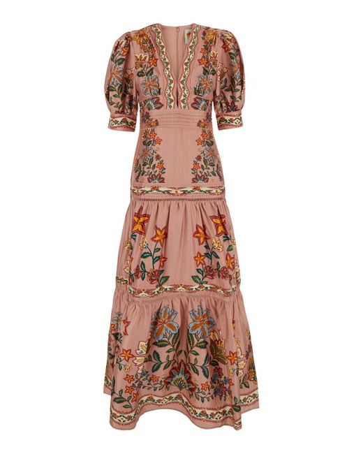 Farm Rio Brown Long Dress With V-Neck And All-Over Floral Print