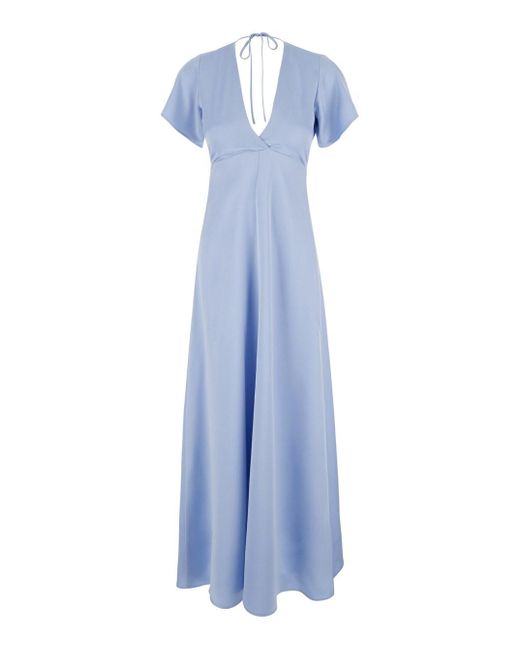 Plain Blue Long Light Dress With Bow