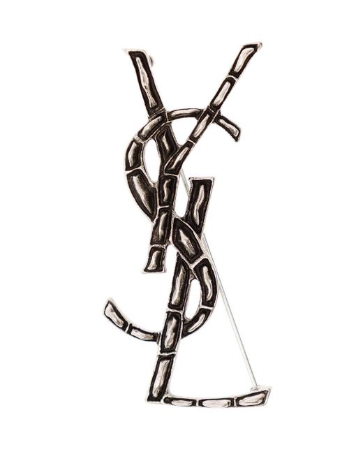 Saint Laurent White Silver-tone Cassandre Brooch With Crocodile Texture In Brass Man for men