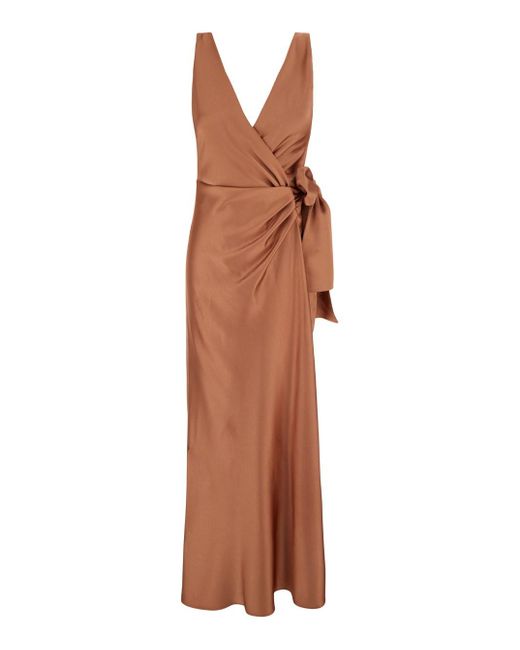 Pinko Brown Long Wrap Dress With V Neckline