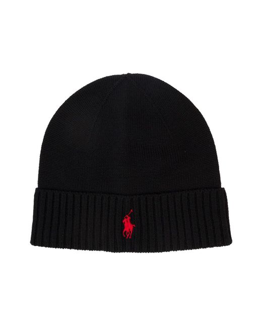 Polo Ralph Lauren Black Beanie With Red Pony Embroidery In Wool for men