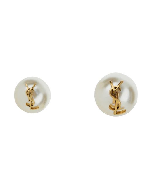 Orecchini di perle ysl in metallo con logo di Saint Laurent in White
