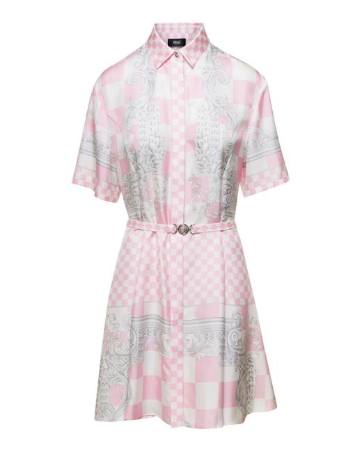 Versace Pink Shirt Dress With All-Over Signature Baroque Print