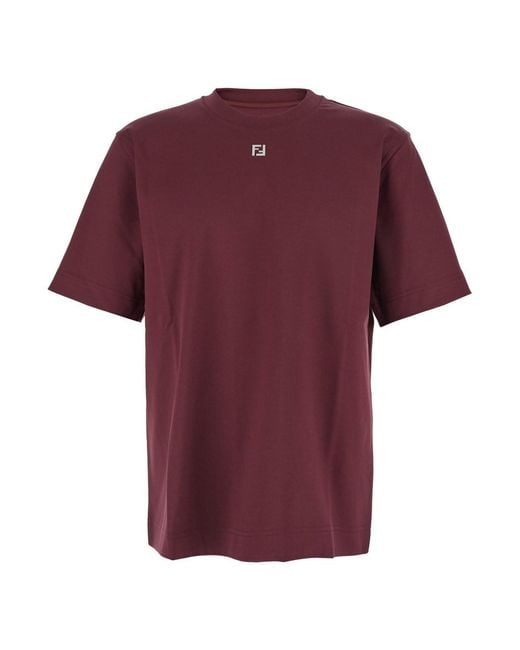 Fendi Red Bordeaux Crewneck T-Shirt With Ff Plaque On The Front for men