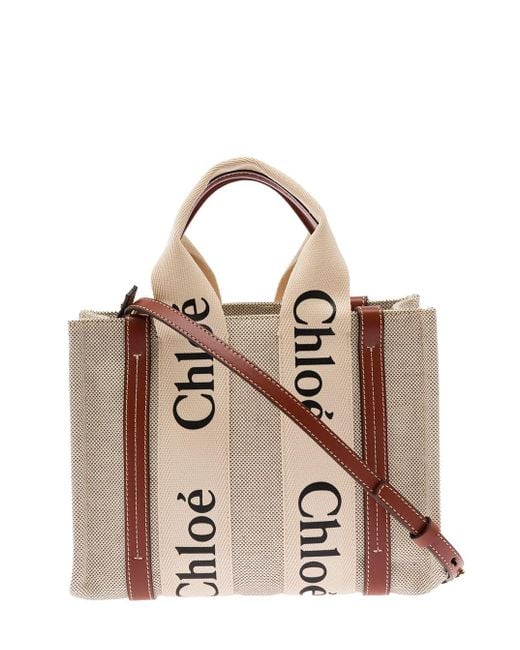 Chloé Pink 'woody' Brown Tote Bag With Branded Ribbons In Canvas And Leather