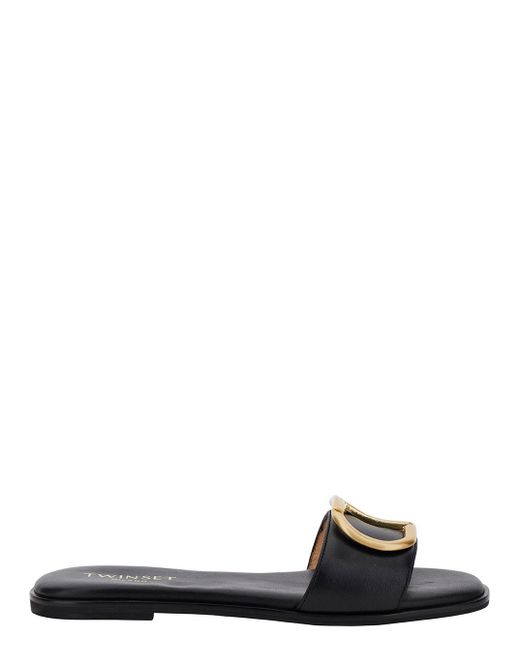 Twin Set Black Flat Mules With Oval T Logo