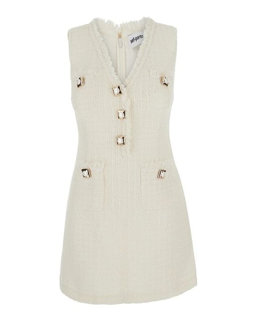 Self-Portrait Natural Sleeveless Mini Dress With V-Neck And Jewel Buttons