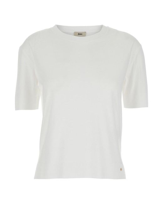 Herno White Crewneck T-Shirt With Logo Plaque On The Front