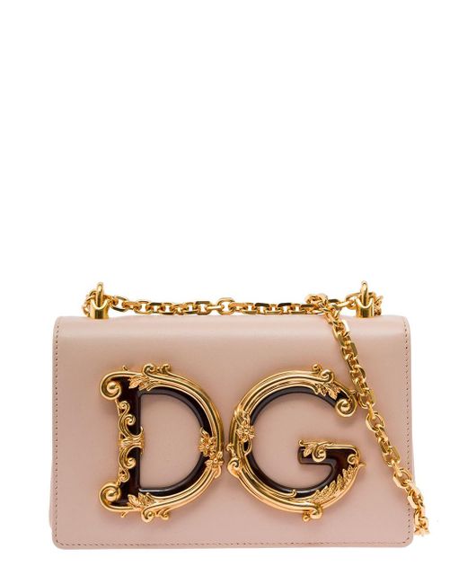 Dolce & Gabbana Natural Barocco Ccrossbody Bag With Chain Shoulder Strap And Monogram Plate On The Front