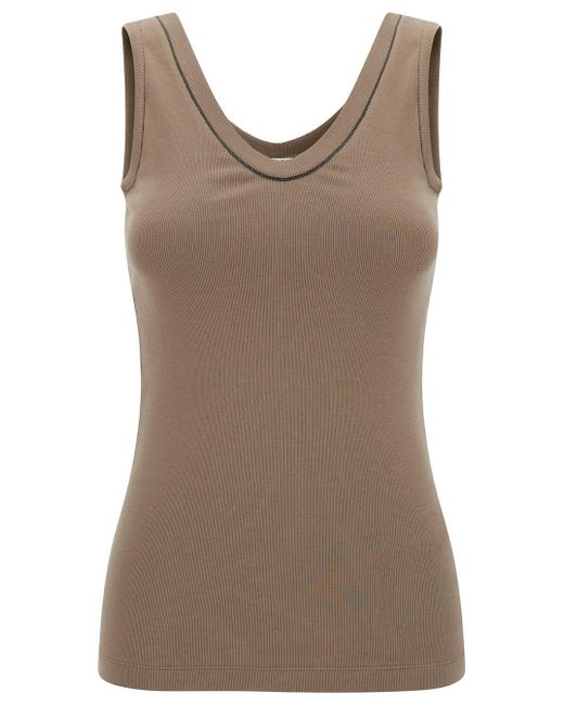 Brunello Cucinelli Brown Rib Tank Top With Monile Detail