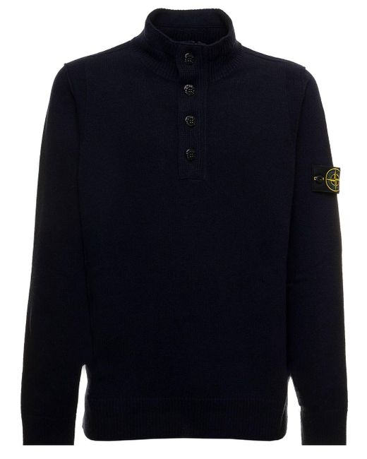 Stone Island Blue E Sweater In Wool With Buttoned Turtleneck And Logo Label With Buttons On The Sleeve Man for men