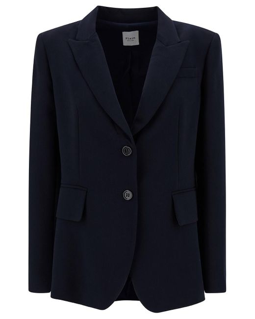 Plain Blue Single-Breasted Jacket With Buttons