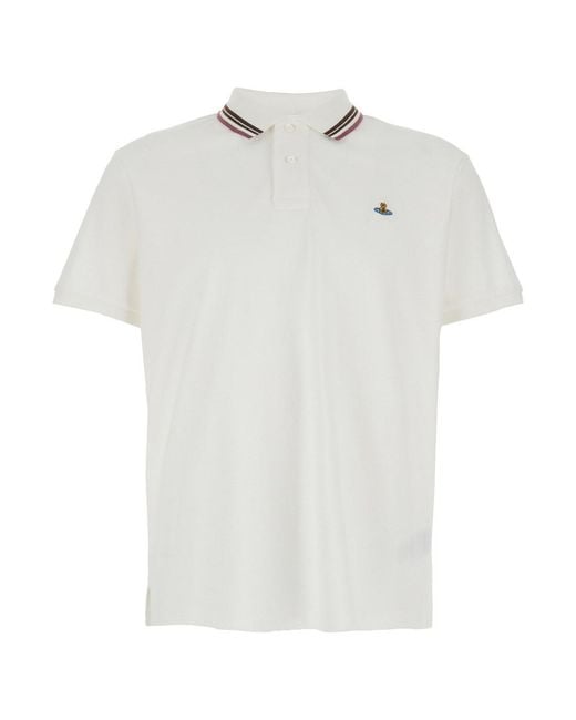 Vivienne Westwood White Polo Shirt With Classic Striped Collar And Orb Embroidery On The Front for men