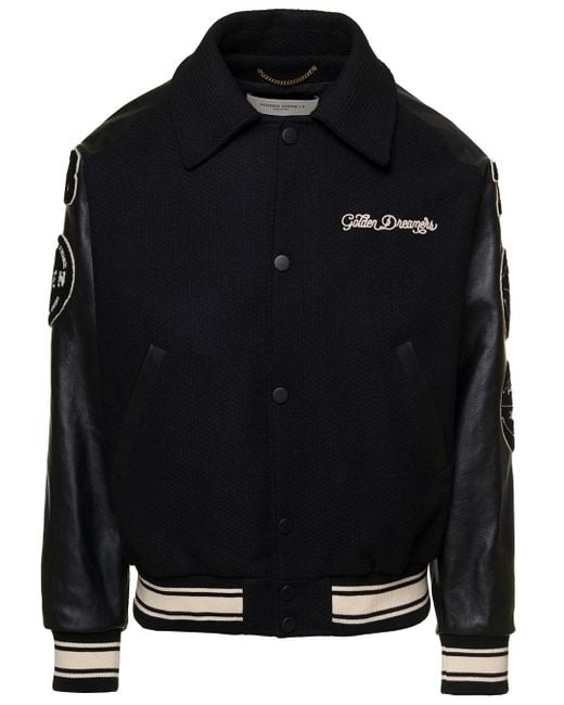 Golden Goose Bomber Jacket With Leather Inserts And Logo Patch In Wool ...