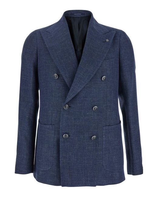 Tagliatore Blue Double-Breasted Blazer With Logo Pin On The Front for men