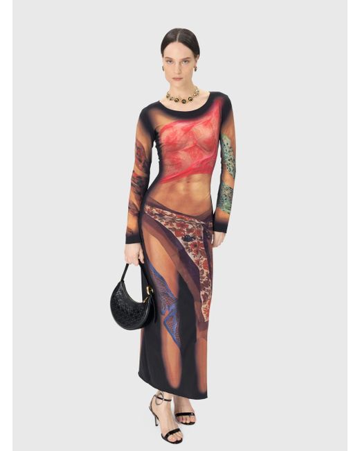 MARINE SERRE Red Long Dress With All-Over Graphic Print