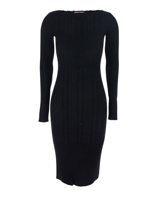 Twinset Blue Long Dress With Boat Neck And Ribbed Design