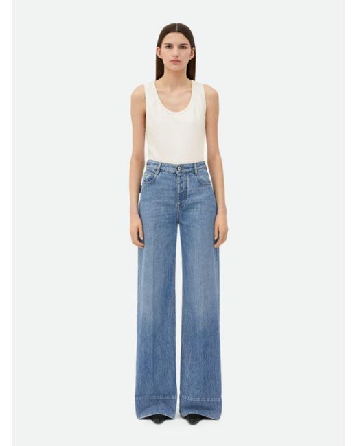 Bottega Veneta Blue Palazzo Pants With Logo Patch