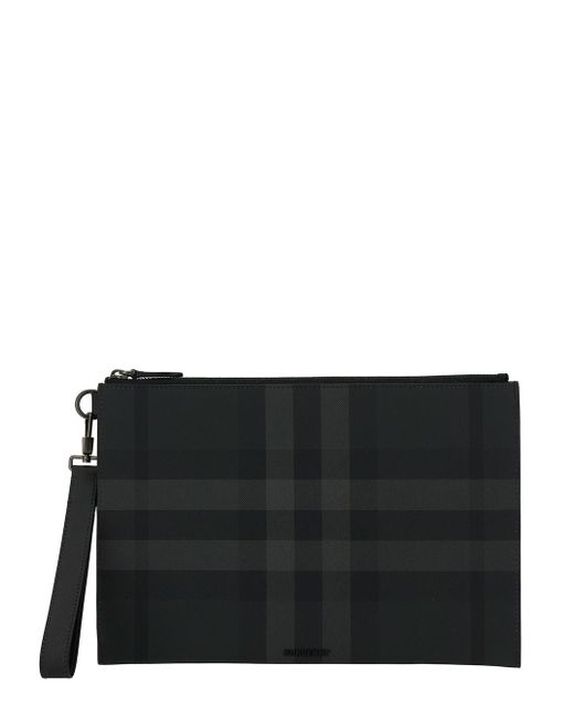 Burberry Black And Grey Clutch With All-over Check Motif In Leather for men