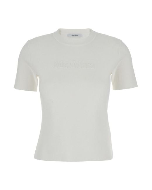 Max Mara Pure White 'Adelio' Crewneck T-Shirt With Tonal Logo Lettering