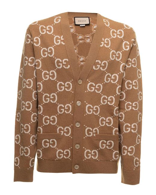 Gucci Brown Beige Cardigan In gg Jacquard Wool Knit Man for men