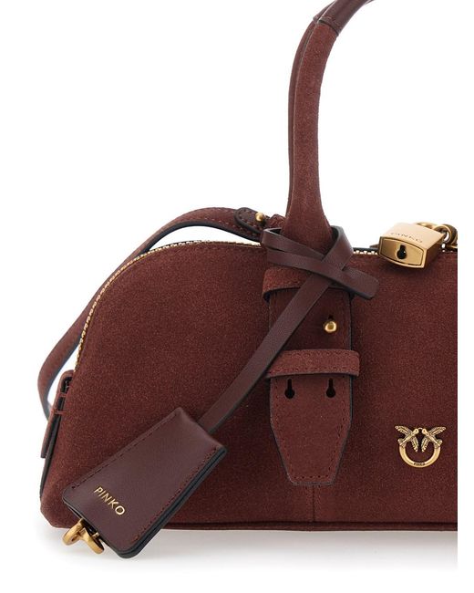 Pinko Brown Bowling Handbag With Padlock Detail And Love Birds Logo On The Front