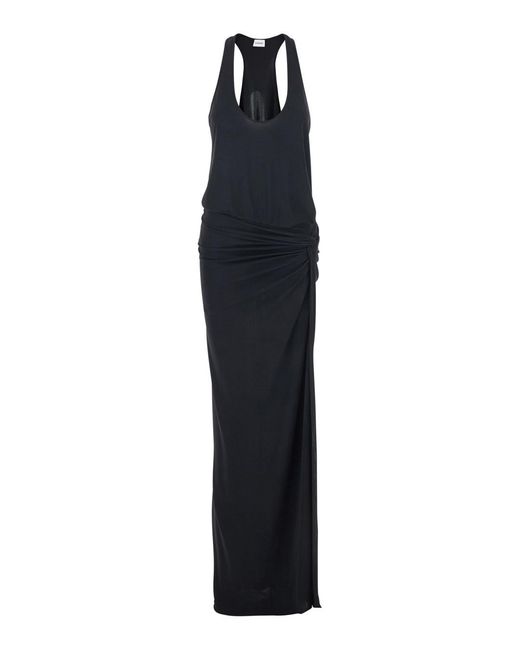 ANDAMANE Blue Long Dress 'Juno' With Ruches Detail On The Front And Sin