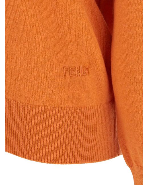 Fendi Orange Oversize Sweater With V Neck And Logo Lettering Embroidery On The Front