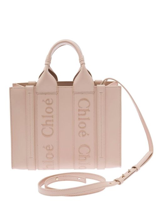 Borsa Shopping 'Woody Piccola' Con Logo Tono Su Tono di Chloé in Natural