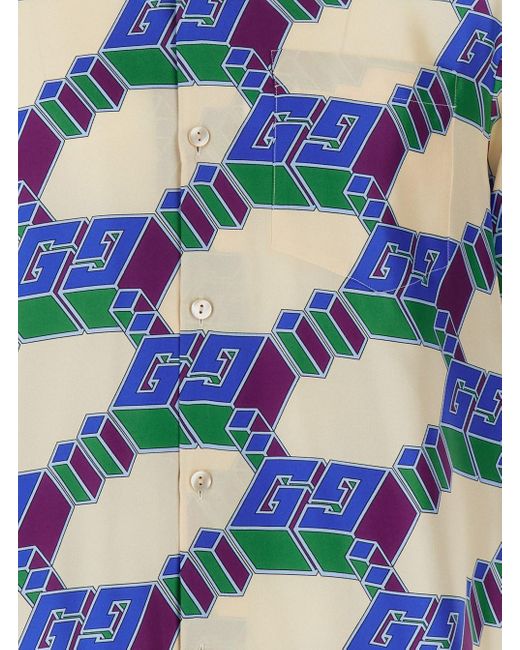 Gucci Blue Bowling Shirt With 3D Gg Cube for men