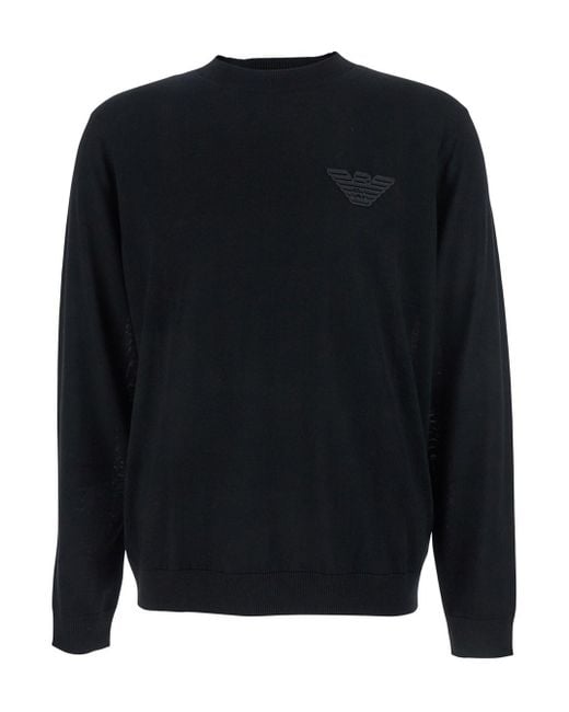 Emporio Armani Blue Crewneck Sweater With Logo Embroidery On The Fron for men