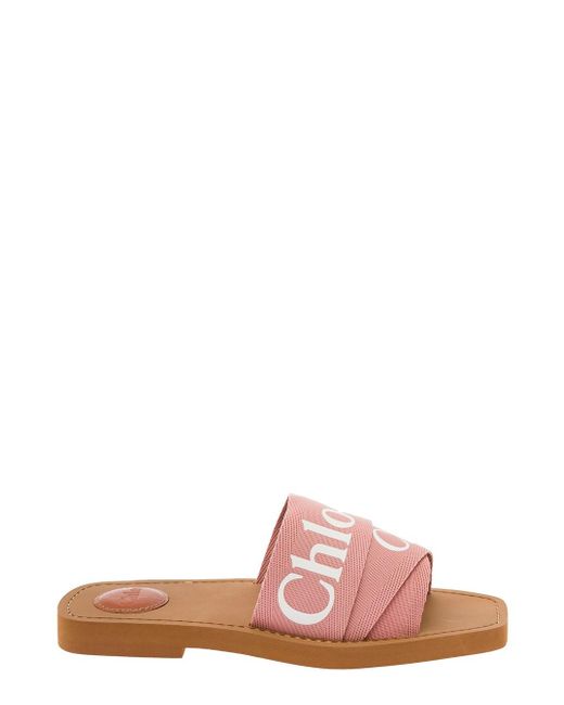 Chloé Pink Woody Canvas Slide Sandals Logo Chloé Woman